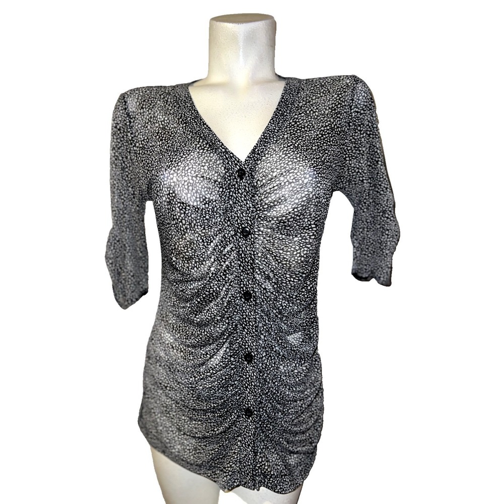 Cabi Top 241 Womens Black Gray Pebble Print Ruched Mesh Button Front Shirt M